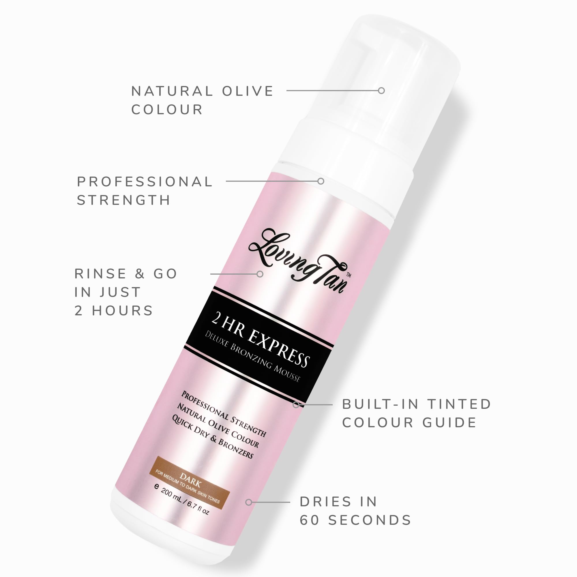 Loving Tan 2HR Express mousse dries in 60 seconds for comfortable wear.