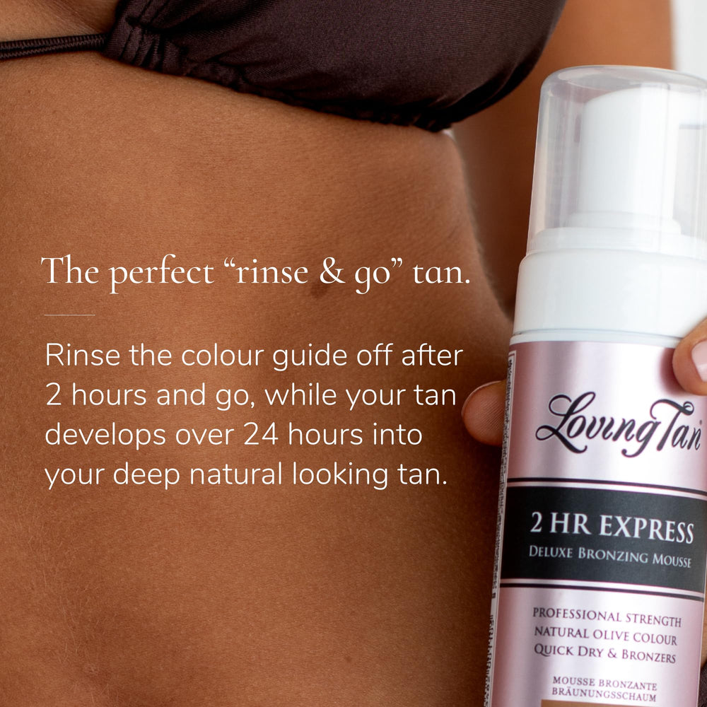 Loving Tan 2HR Express nourishing formula hydrates skin during tanning routine.