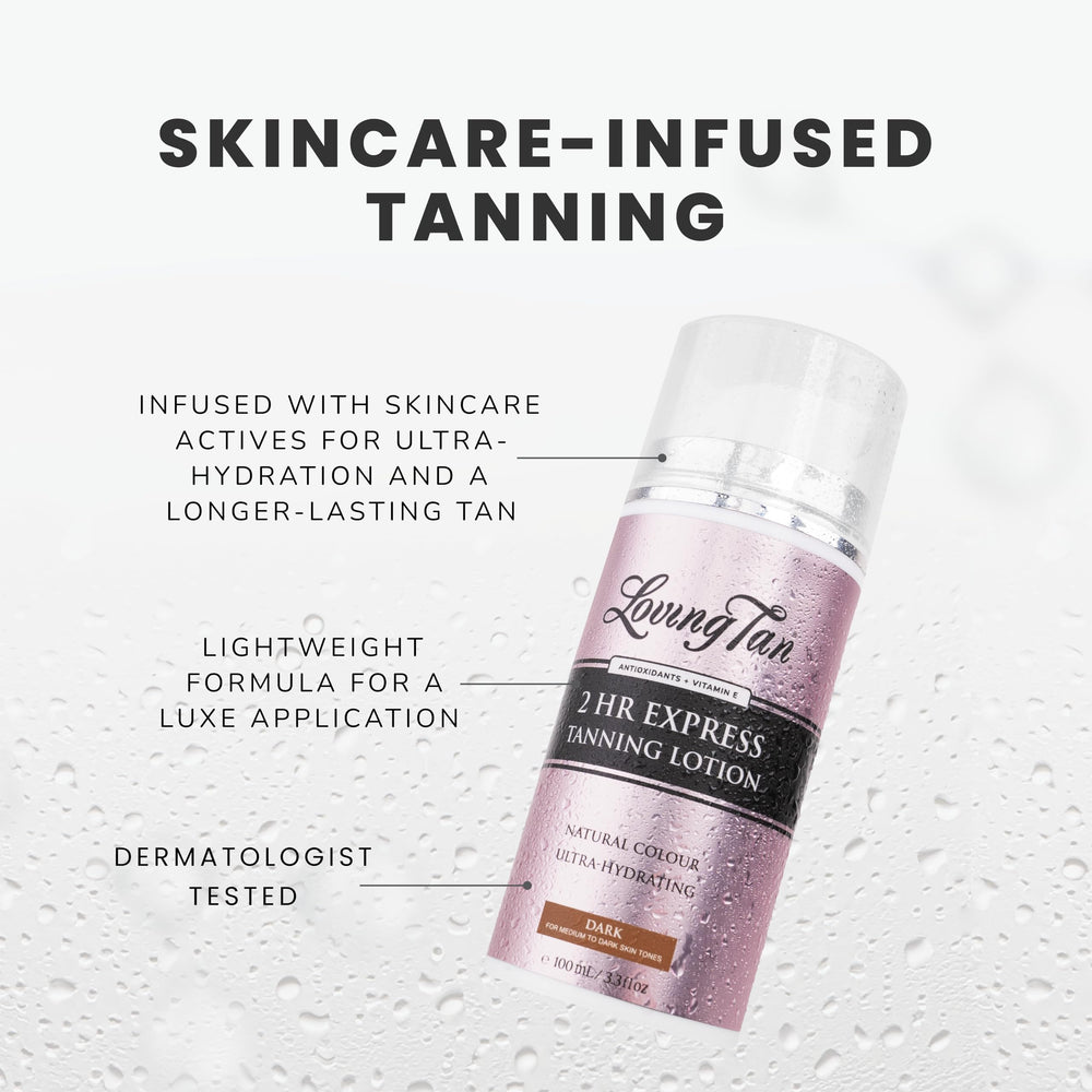 Loving Tan 2Hr Express swatches on skin demonstrate shade development and even coverage.