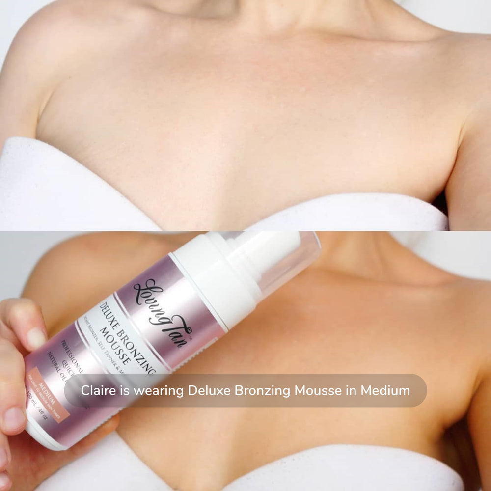 Loving Tan deluxe bronzing mousse medium afterglow showcases natural-looking tan across day