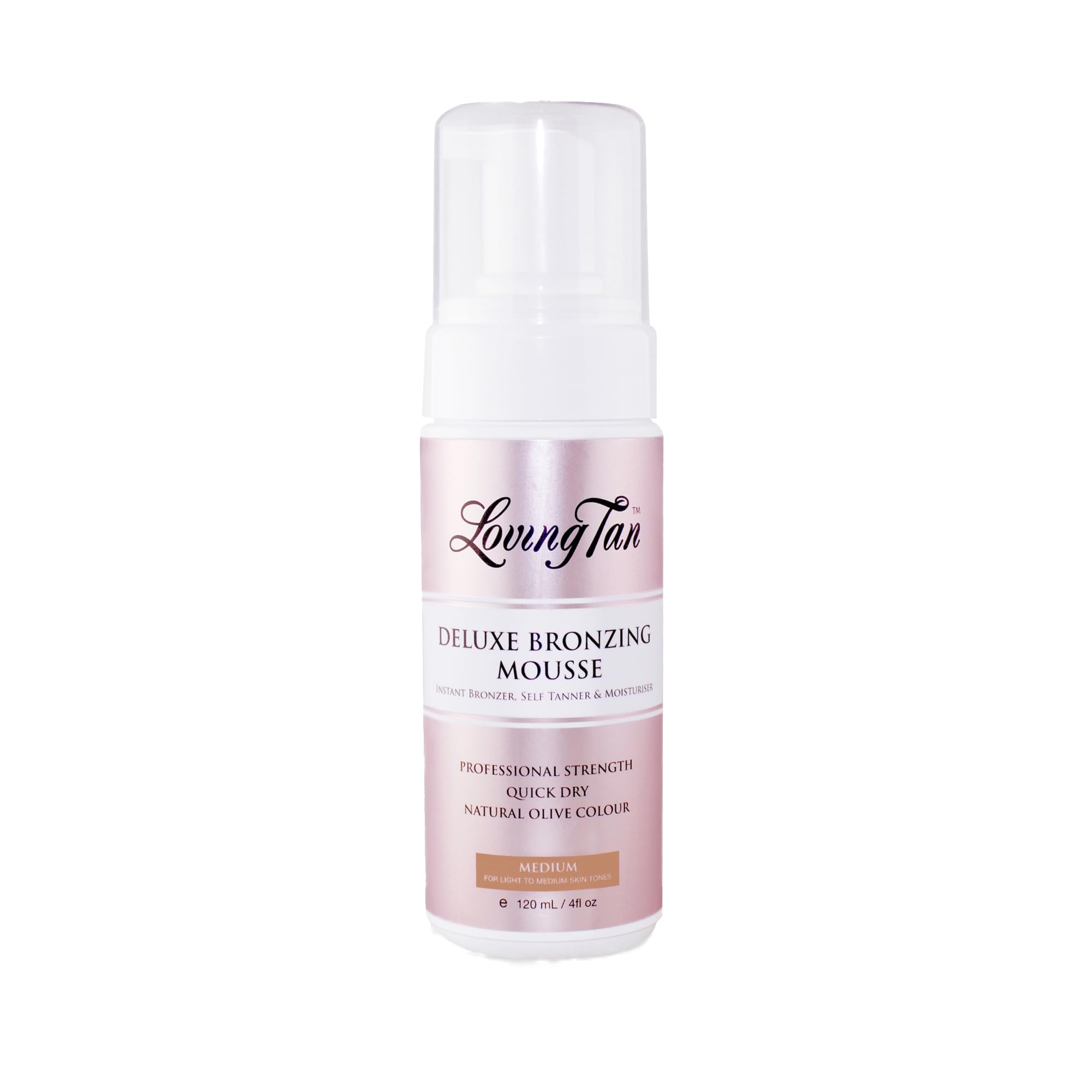 Loving Tan deluxe bronzing mousse medium bottle front shows quick-drying formula and natural-looking color
