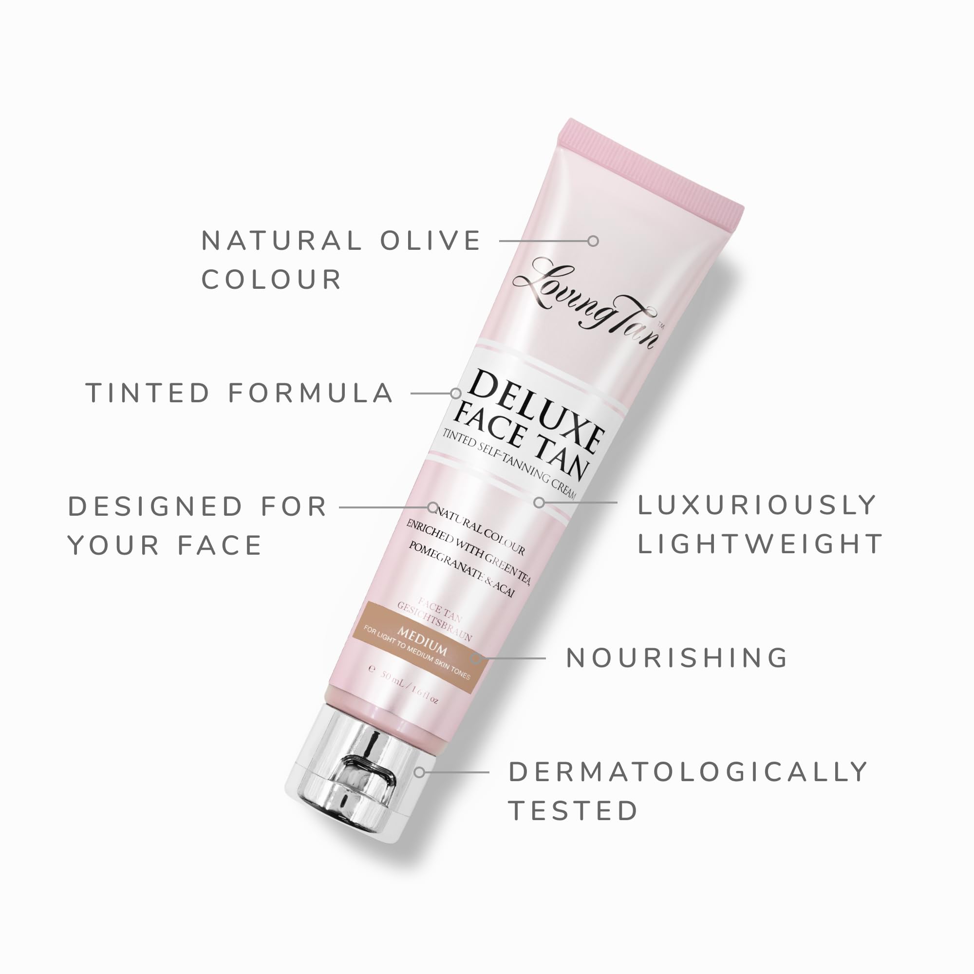Loving Tan Deluxe Face Self Tanner dermatologist-tested formula supports gentle, lightweight coverage.