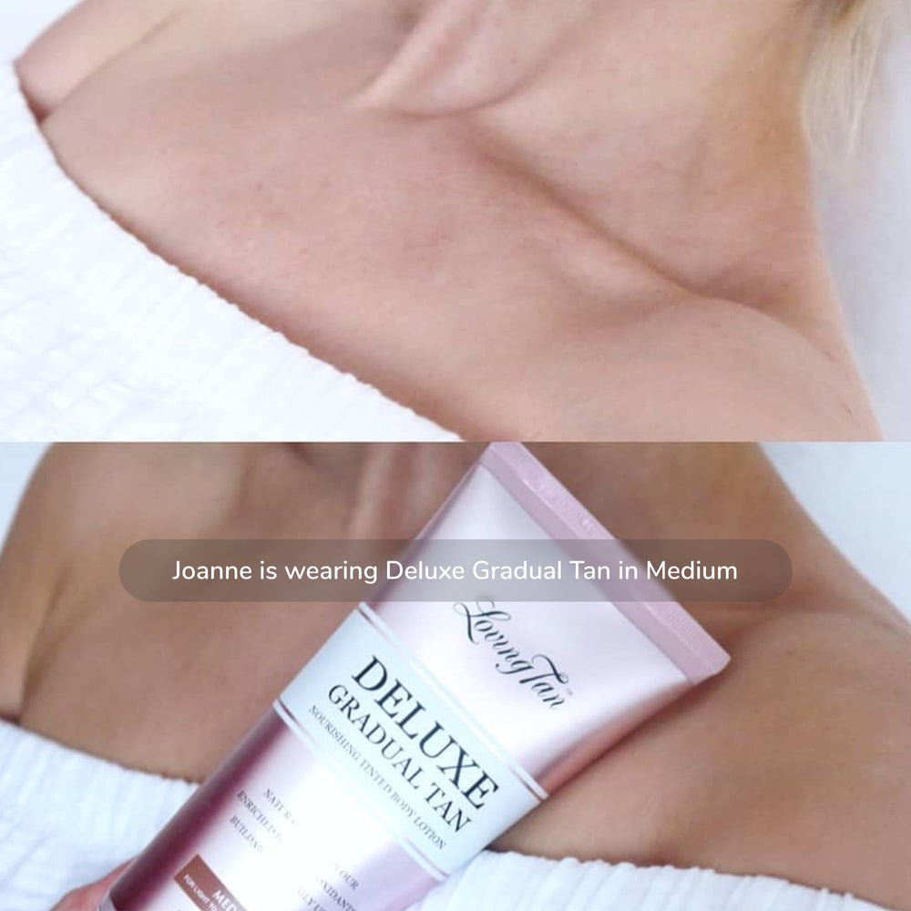 Loving Tan Deluxe Gradual Tan Lotion before-after demonstrates shade progression over time.