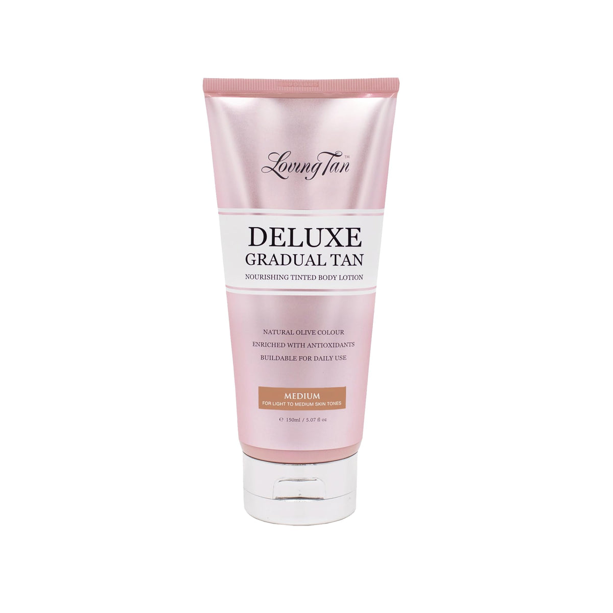 Loving Tan Deluxe Gradual Tan Lotion bottle image shows natural color build for a seamless glow.