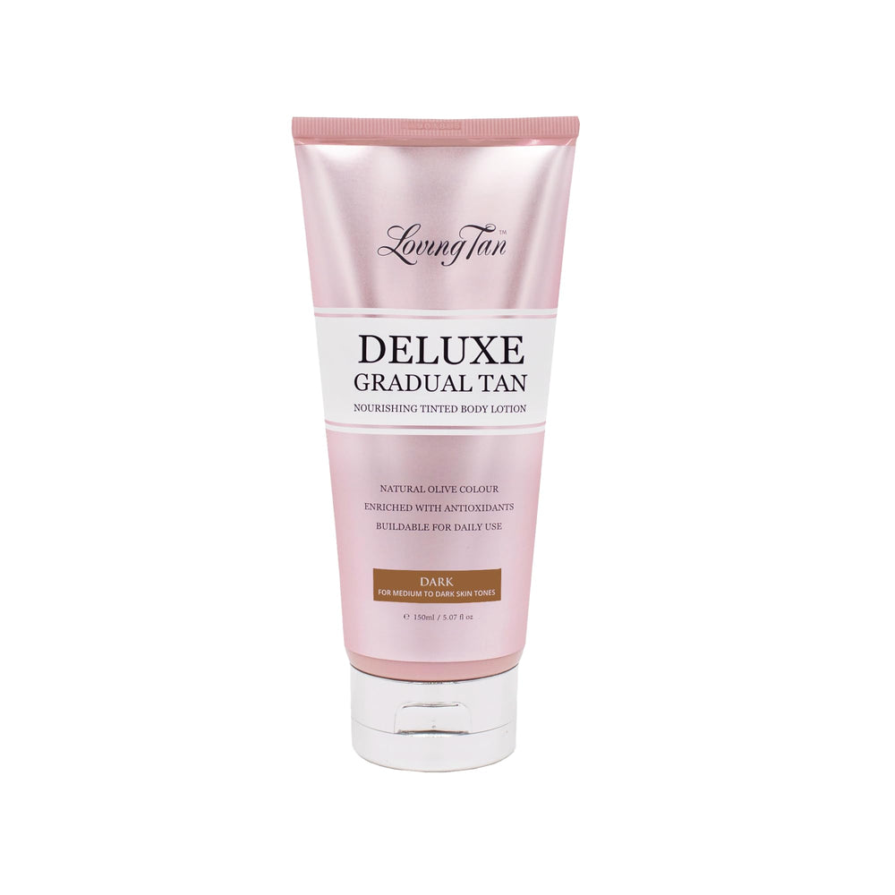 Loving Tan Deluxe Gradual Tan Lotion bottle with pump offers instant color boost for smooth, even application.