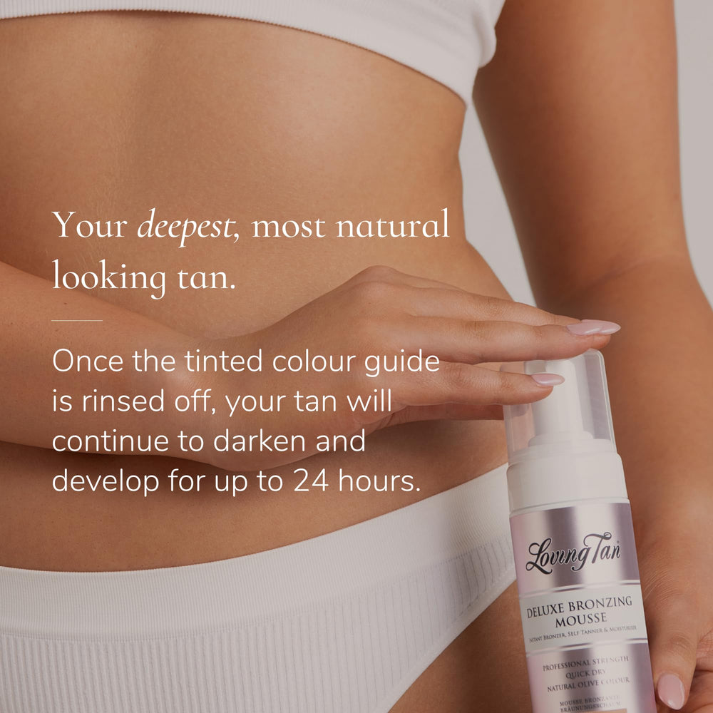 Loving Tan Deluxe color guide rinsed after 8 hours reveals deeper development