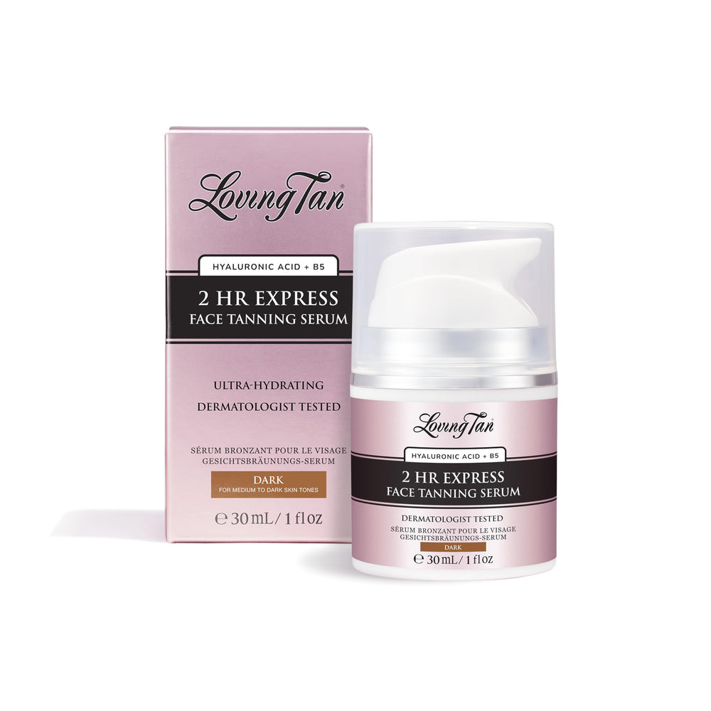 Loving Tan 2Hr Express bottle shows hydrating serum for natural glow.