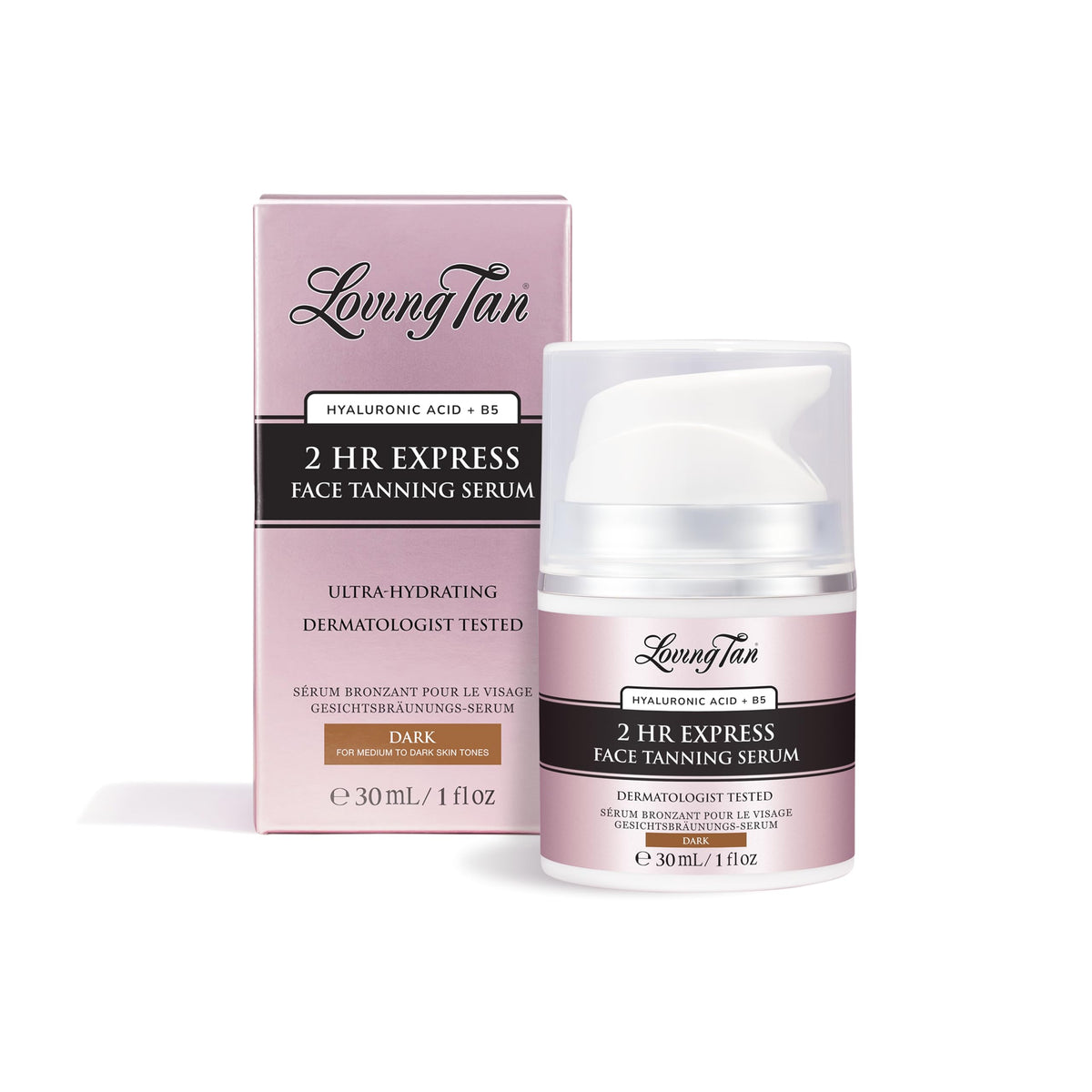 Loving Tan 2Hr Express bottle shows hydrating serum for natural glow.
