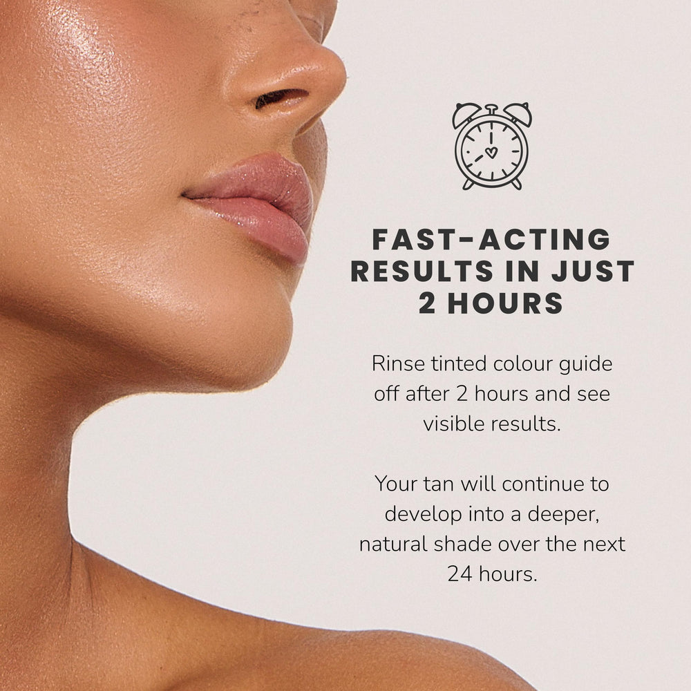 Loving Tan 2Hr Express on face shows natural-looking tan in hours.