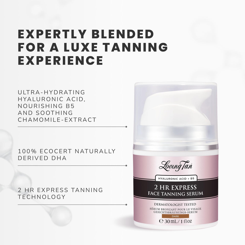 Loving Tan 2Hr Express vegan cruelty-free badge signals ethical sunless tanning.