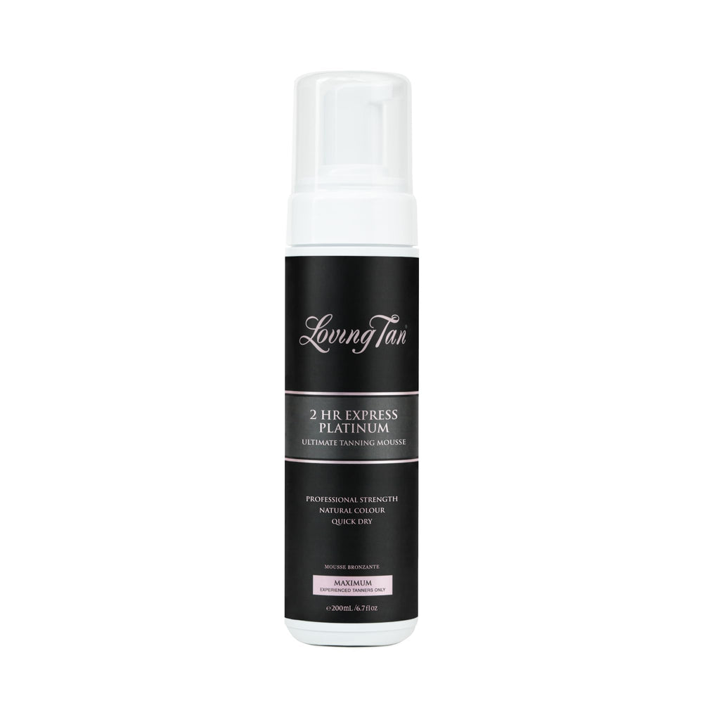 Loving Tan Platinum 2 HR Express bottle showcases deep color results with a smooth, natural finish