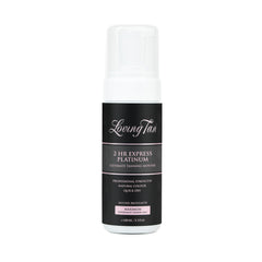 Loving Tan Platinum 2HR Express tan mousse bottle shows deep color for a natural sunless tan