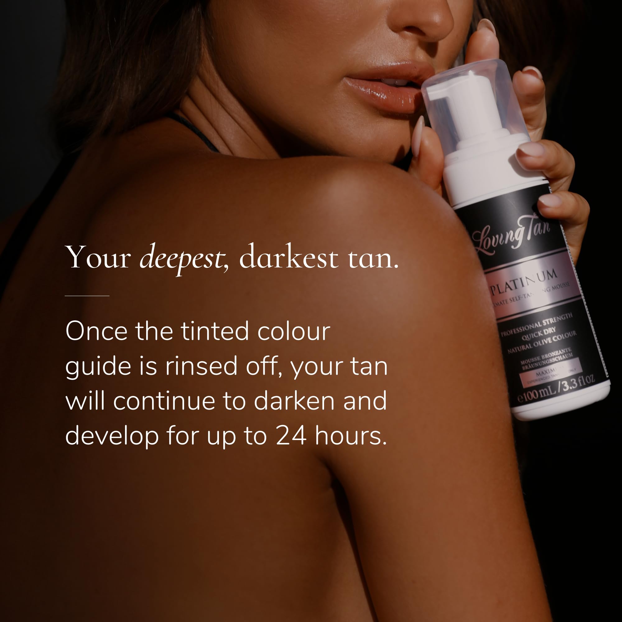 Loving Tan Platinum bottle close-up highlights long-lasting color and natural ingredients.