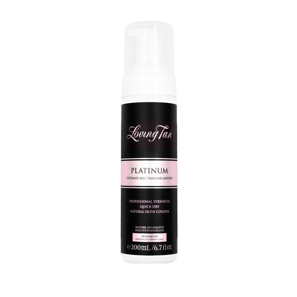 Loving Tan Platinum Mousse packaging highlights cruelty-free, premium self-tanner branding.