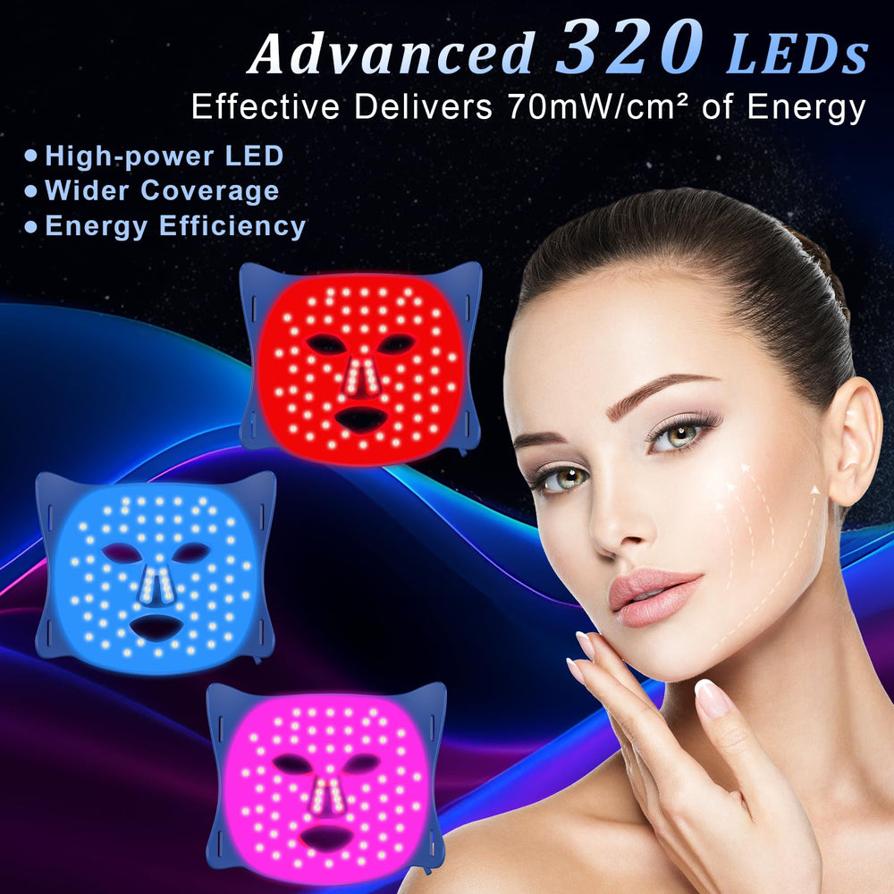Lovsheme LED mask close-up highlighting 320 LEDs for targeted therapy.