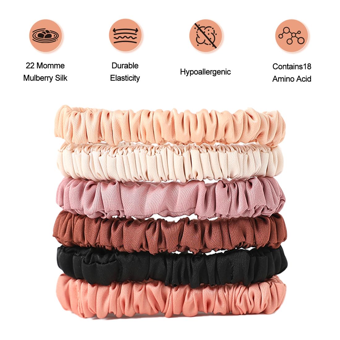 LOVUITEN silk scrunchies color range displayed for easy styling coordination.