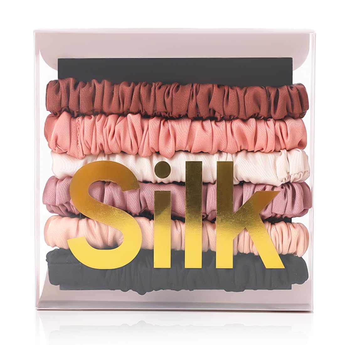 LOVUITEN silk scrunchies pack in a row, gentle on hair and shiny.