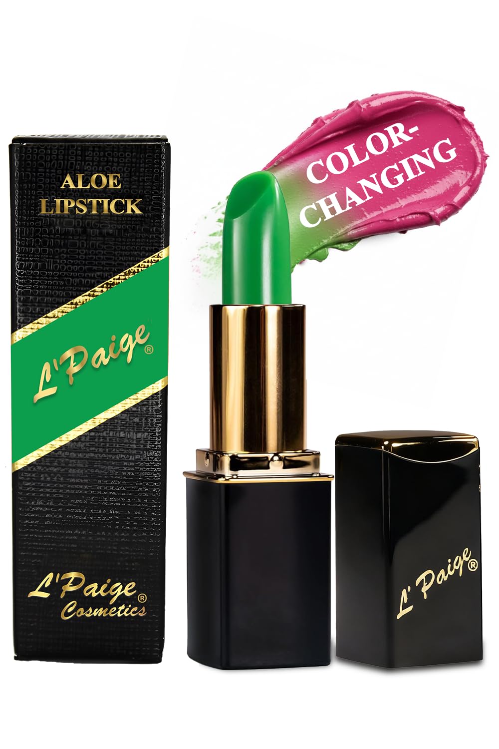 L’Paige color-changing lipstick swatch reveals green-to-pink transformation for personalized shade.
