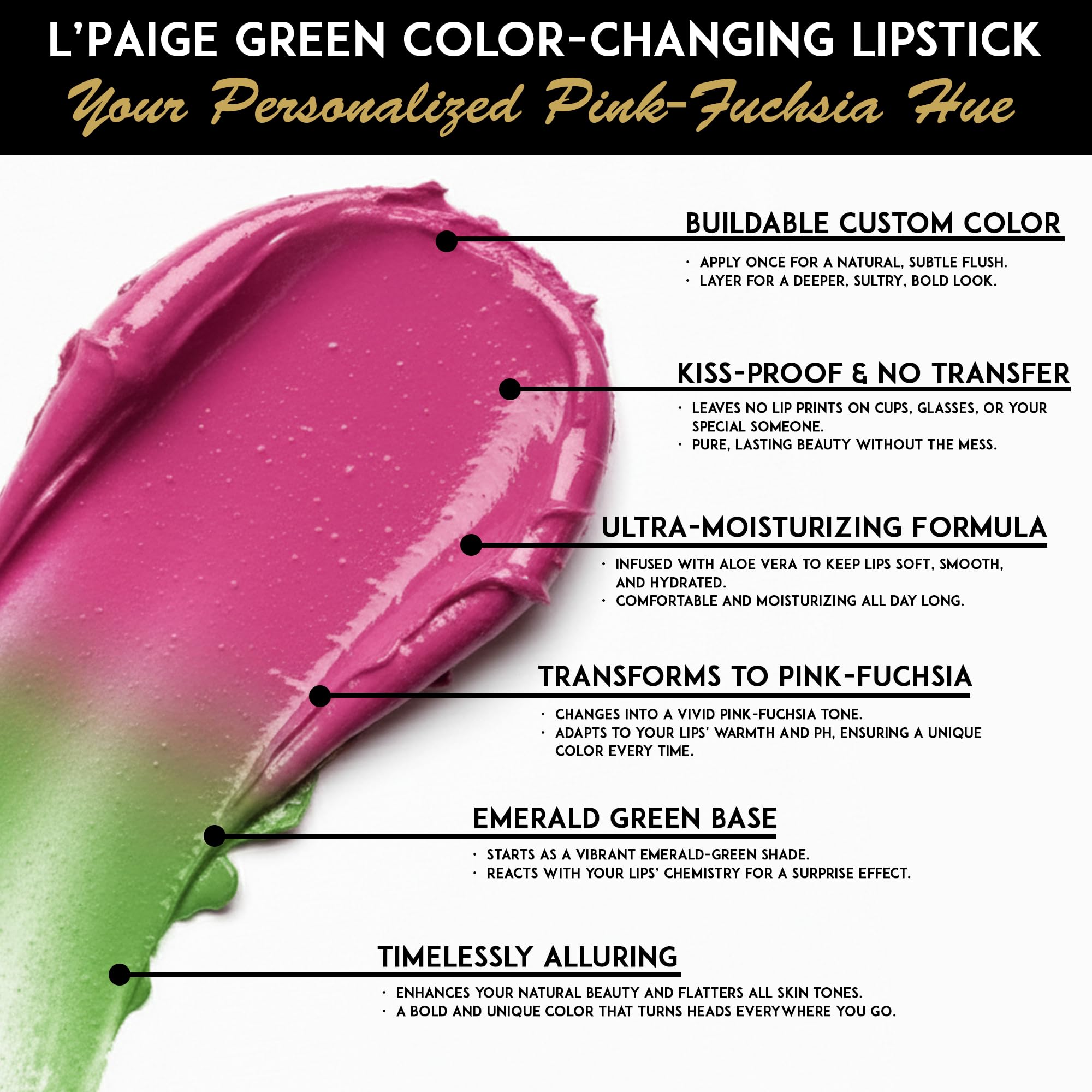 L’Paige satin finish lip color adds a smooth, luxe feel.