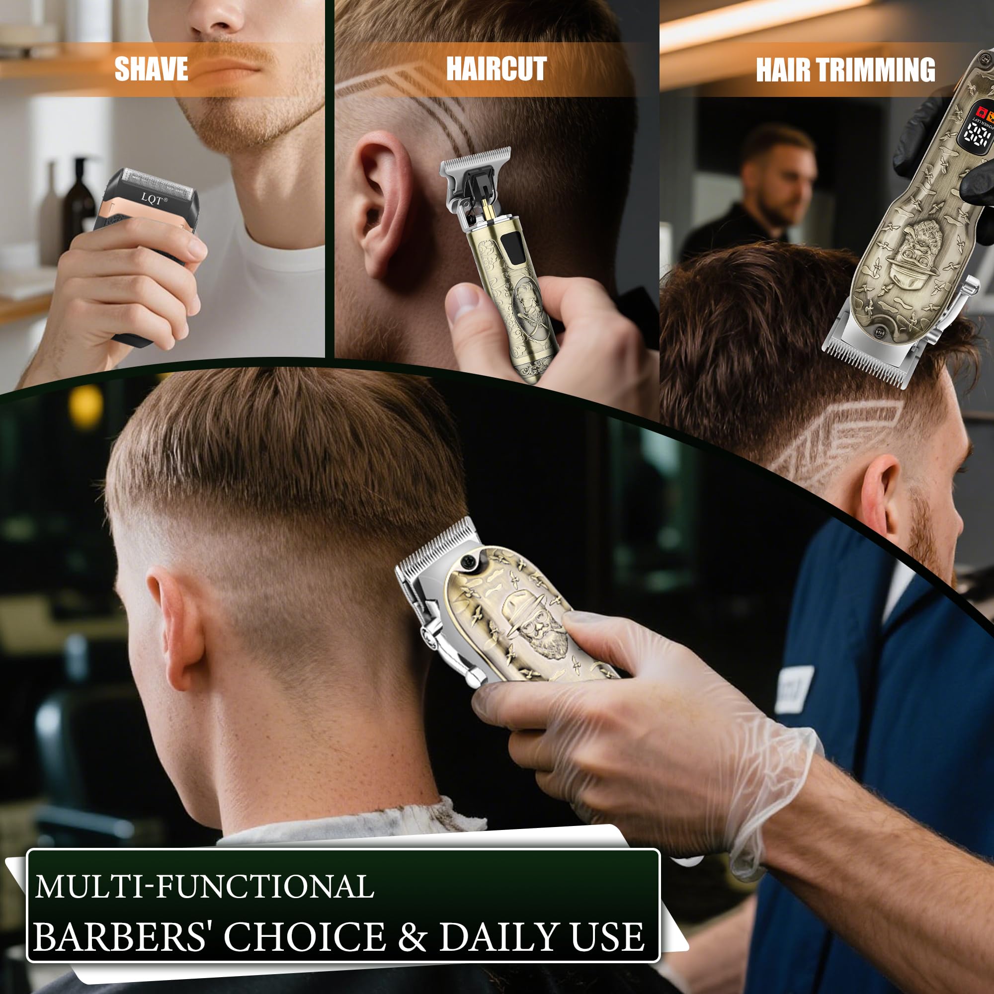 LQT barber cape and tools illustrate complete at-home grooming setup