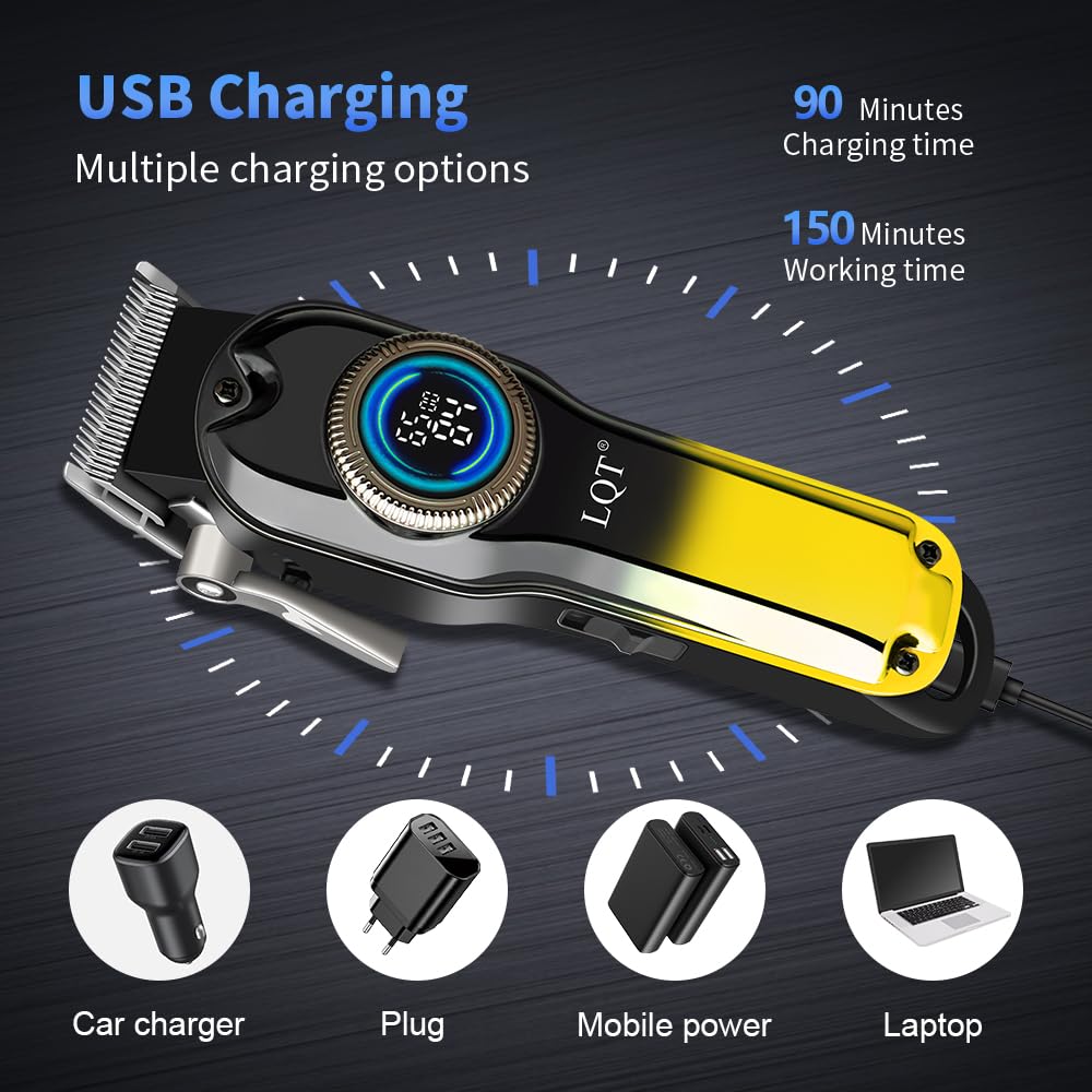 LQT cordless hair clippers in hand showcase ergonomic grip and quiet operation.