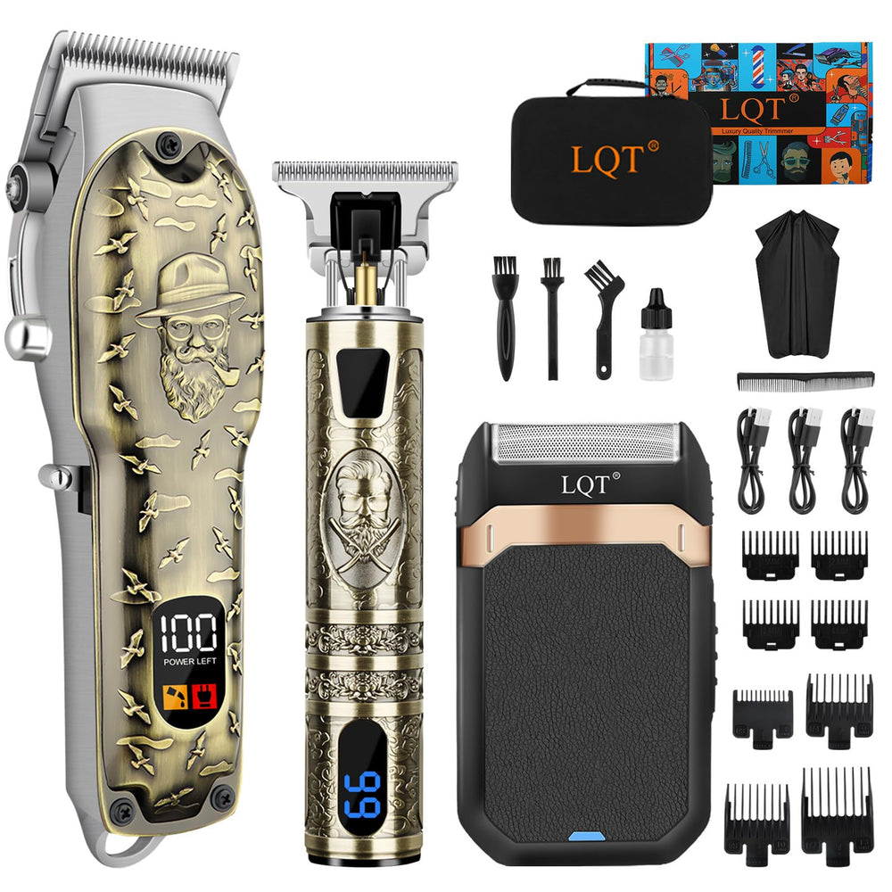 LQT professional hair clipper set with bronze metal embossed body for premium home grooming.