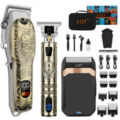 LQT professional hair clipper set with bronze metal embossed body for premium home grooming.