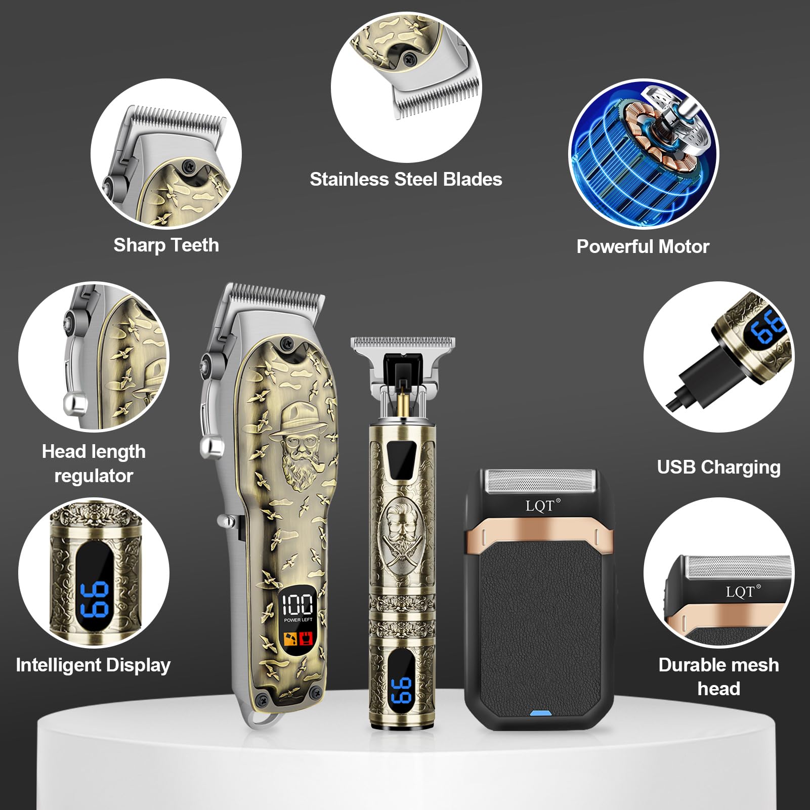 LQT cleaning brushes and barber comb ensure easy post-cut maintenance.