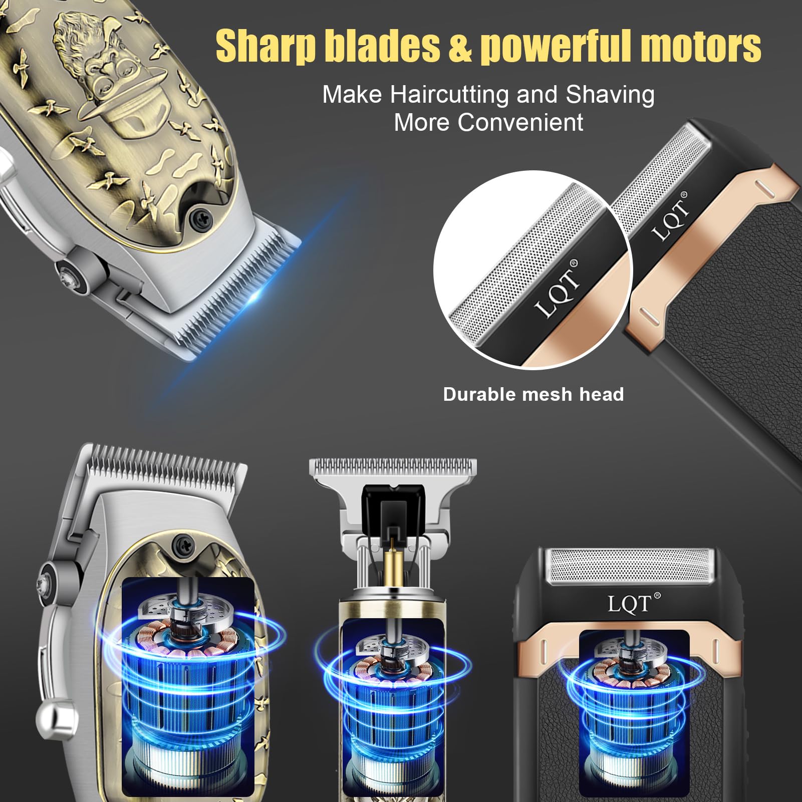 LQT clipper with four guard combs for precise fades and lengths.