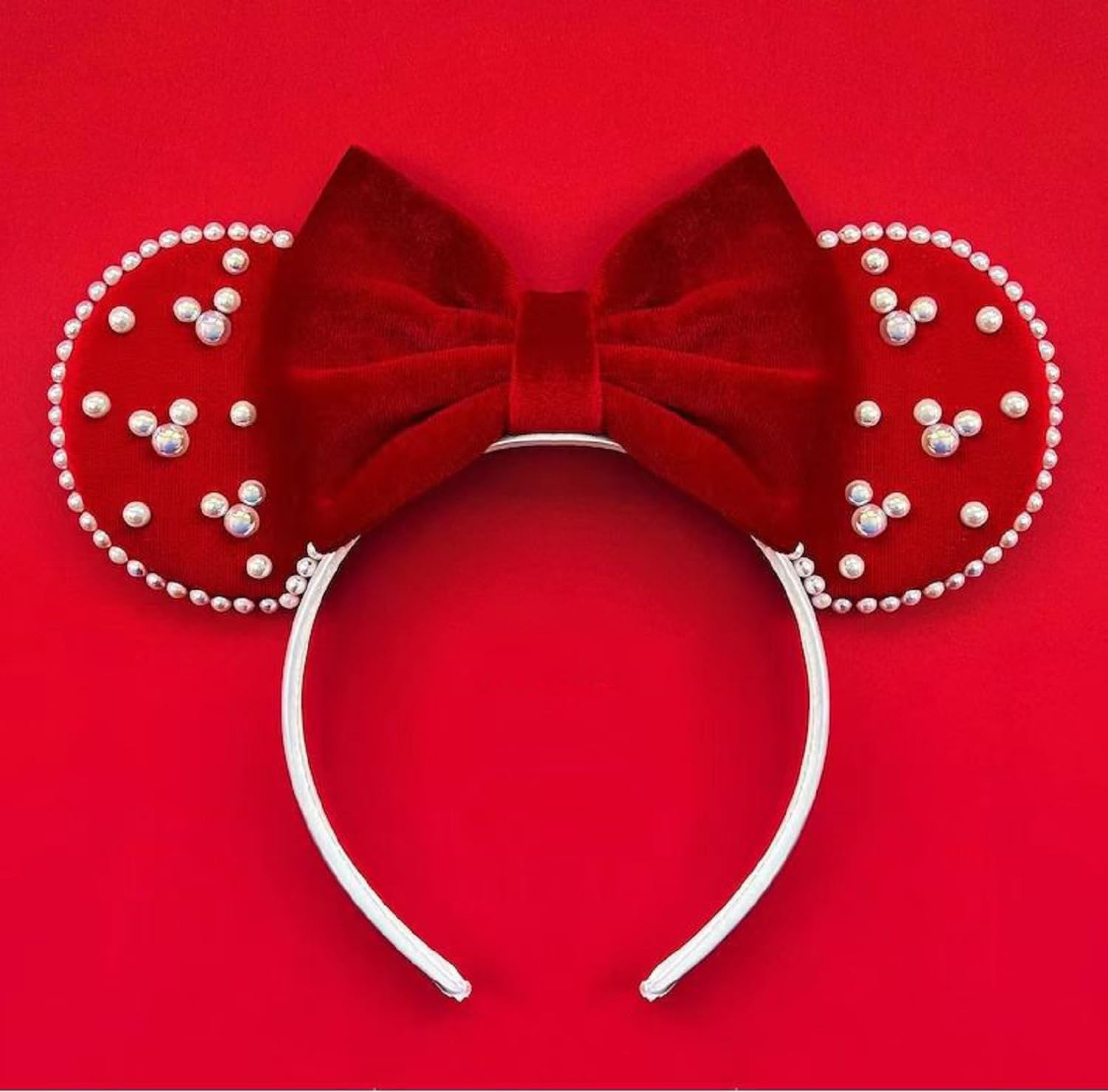 LSHDXD Christmas Mouse Ears Bow Headband, red glitter for festive party styling.