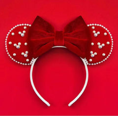 LSHDXD Christmas Mouse Ears Bow Headband, red glitter for festive party styling.