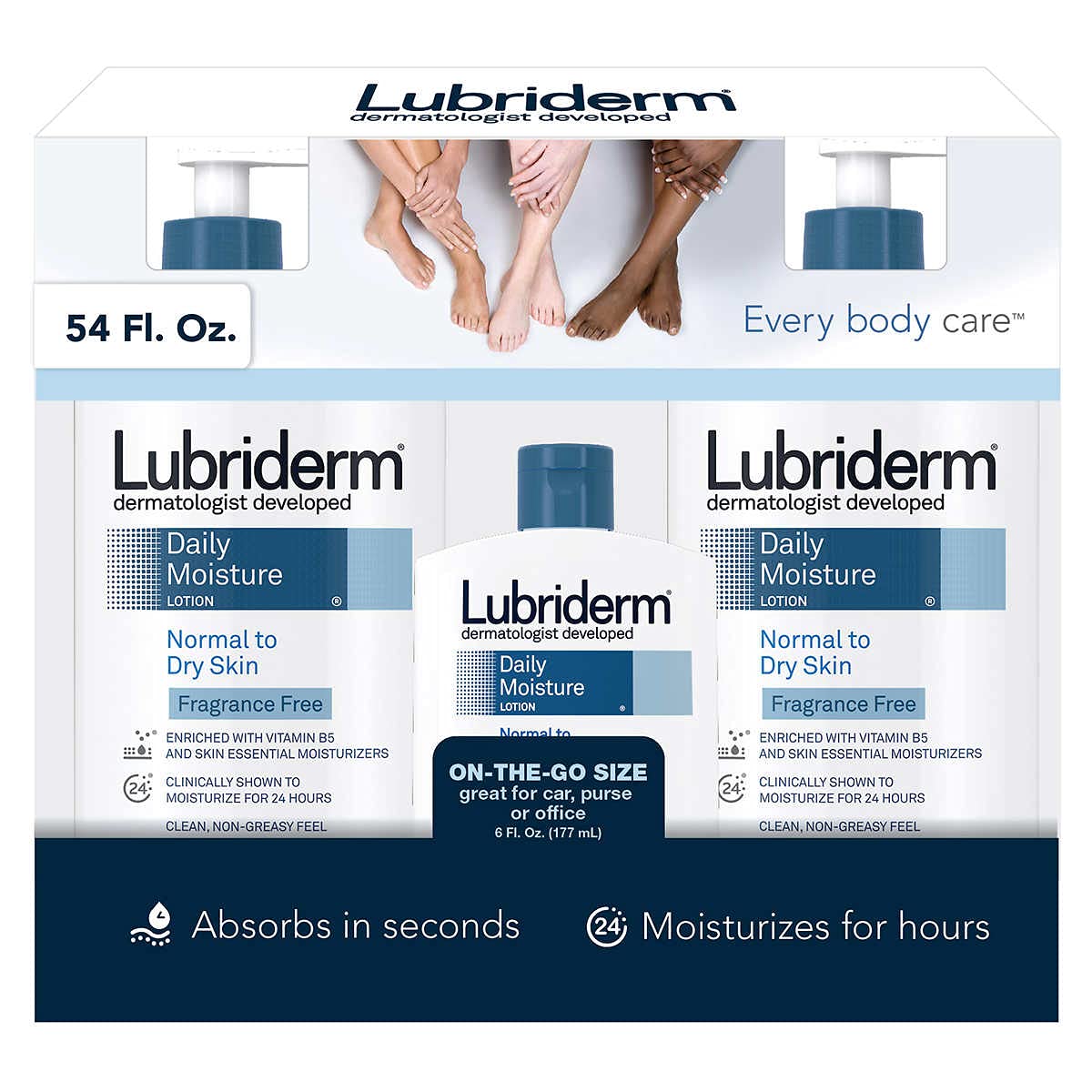 Lubriderm Daily Moisture fragrance-free 3-pack on display for everyday, gentle skin care.