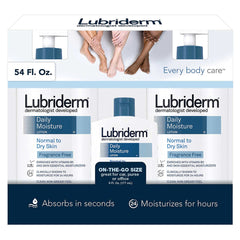 Lubriderm Daily Moisture fragrance-free 3-pack on display for everyday, gentle skin care.