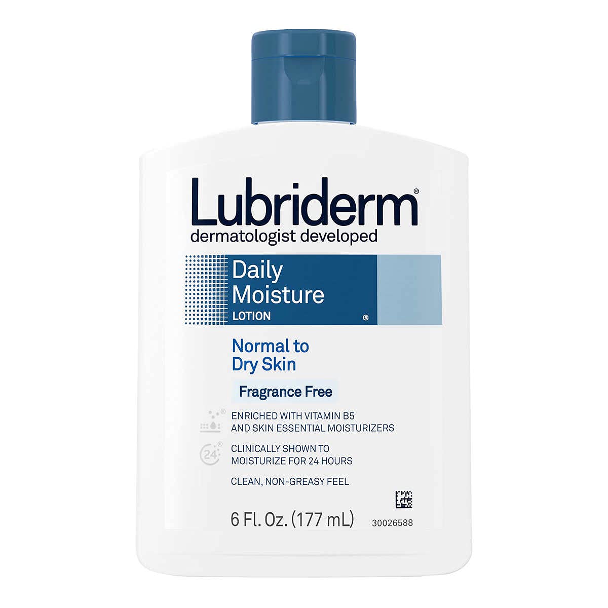 Lubriderm fragrance-free application on forearm illustrates quick absorption.