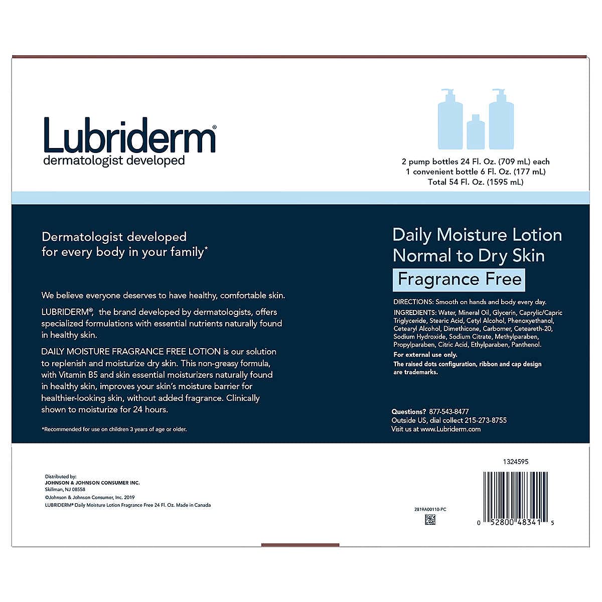 Lubriderm fragrance-free bottle closeup showing smooth texture and skin-friendly formula.