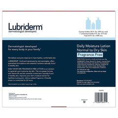 Lubriderm fragrance-free bottle closeup showing smooth texture and skin-friendly formula.