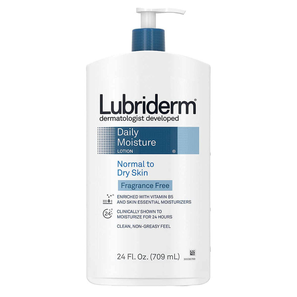 Lubriderm Daily Moisture cream-texture swatch highlights non-greasy hydration.