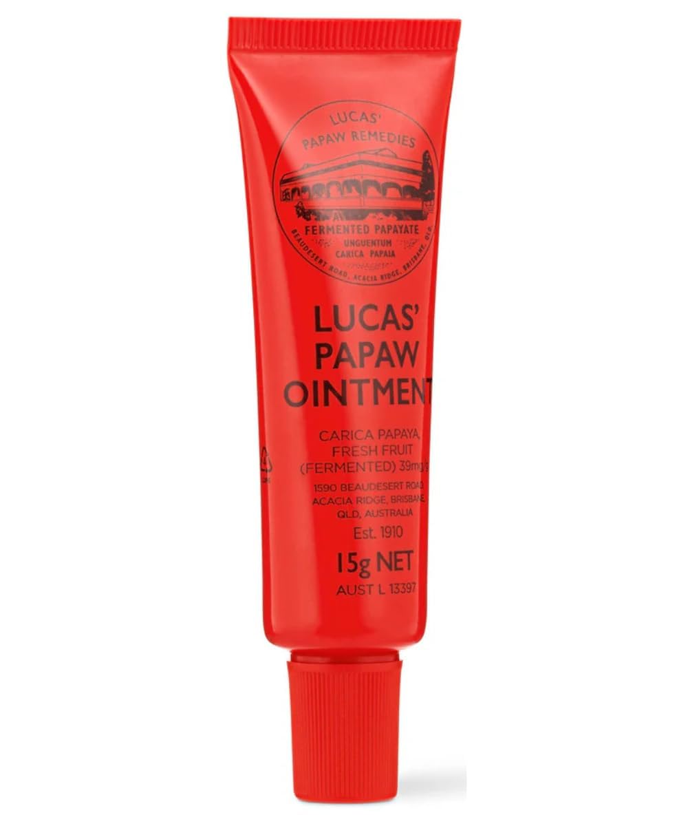 Lucas Papaw Ointment 15g tube close-up showing creamy texture for quick hydration.