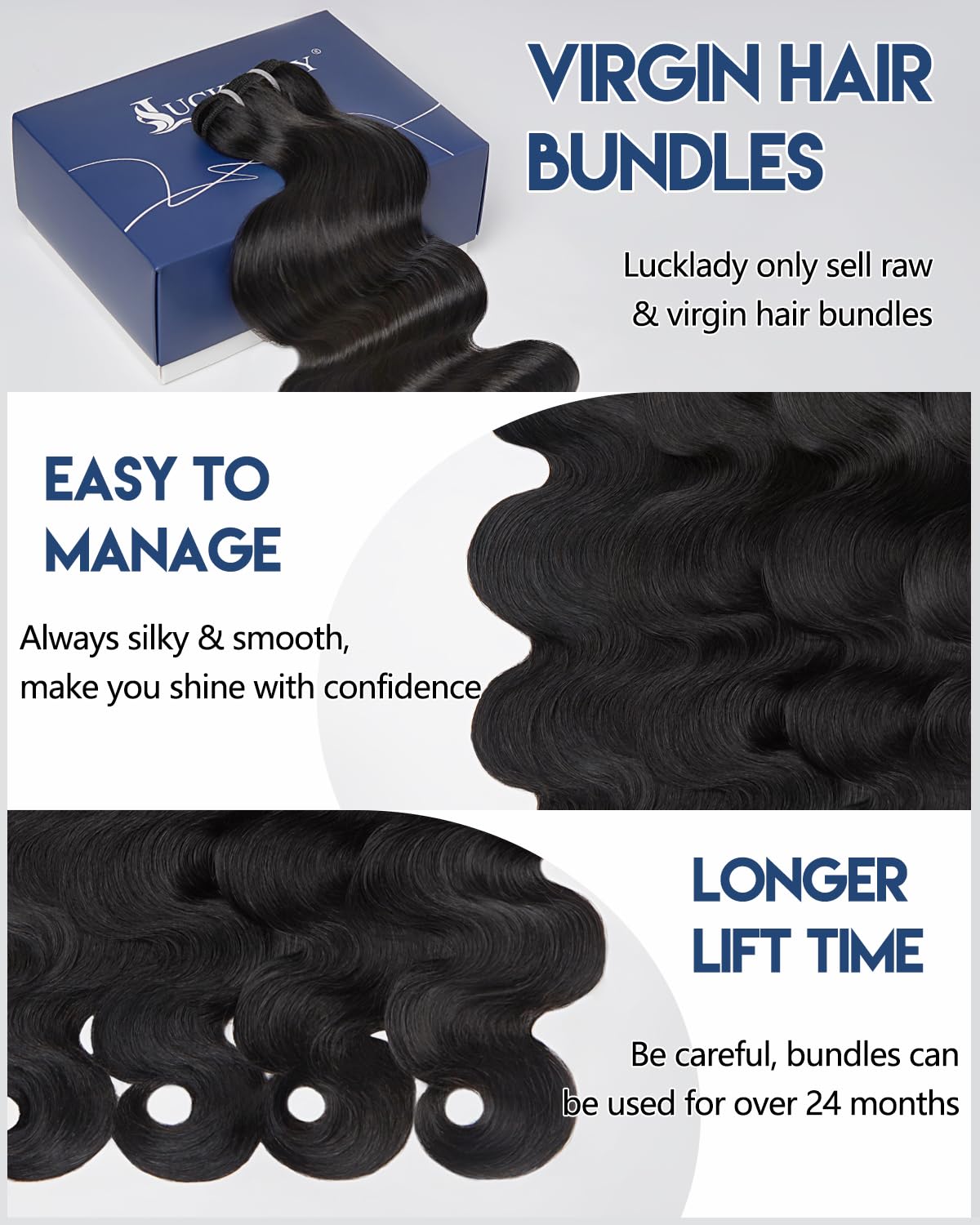 Lucklady 16A raw bundles body wave 20in adds volume with soft glossy shine
