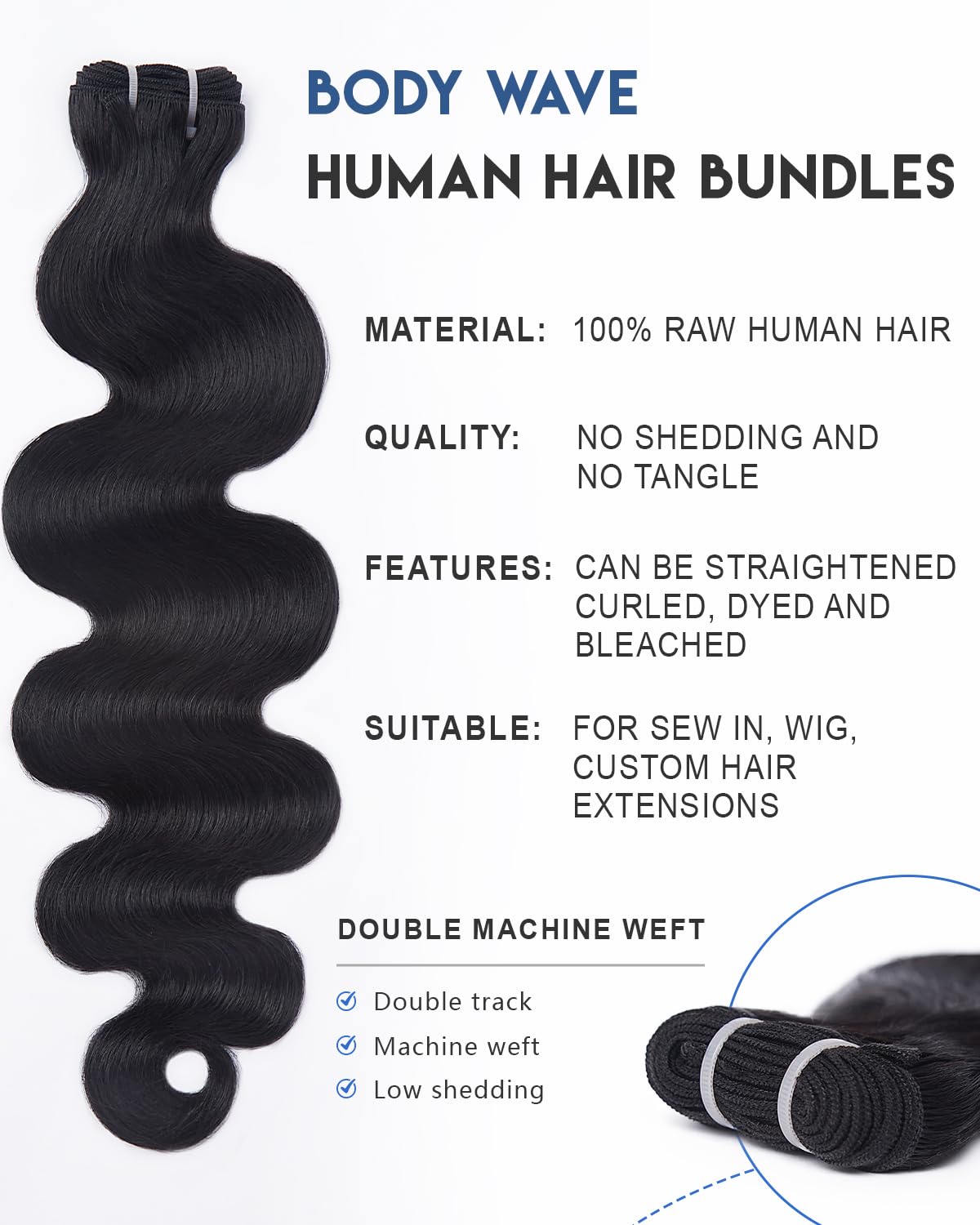 Lucklady 16A raw bundles body wave 22in provides length and smooth tangle-free hair