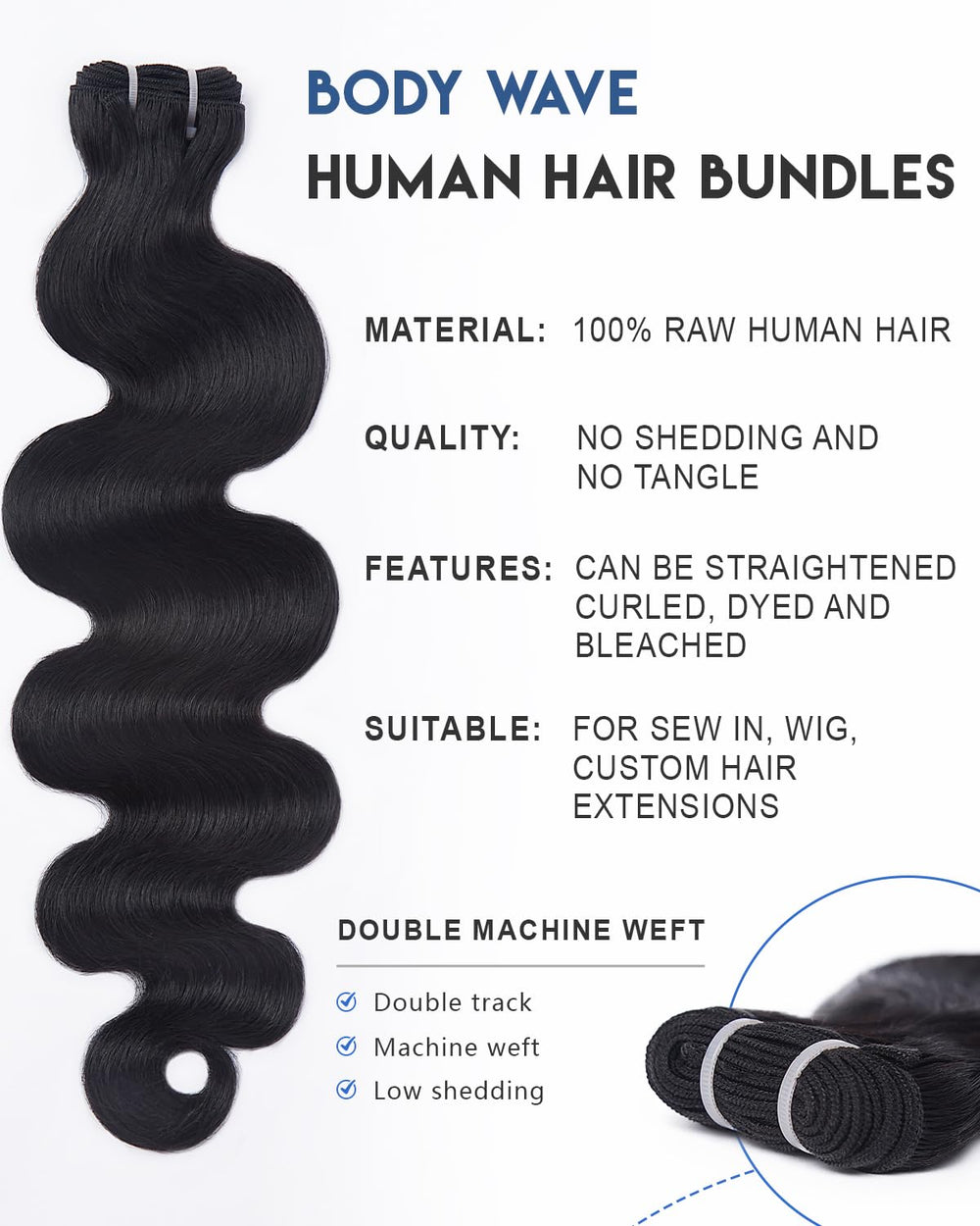 Lucklady 16A raw bundles body wave 22in provides length and smooth tangle-free hair