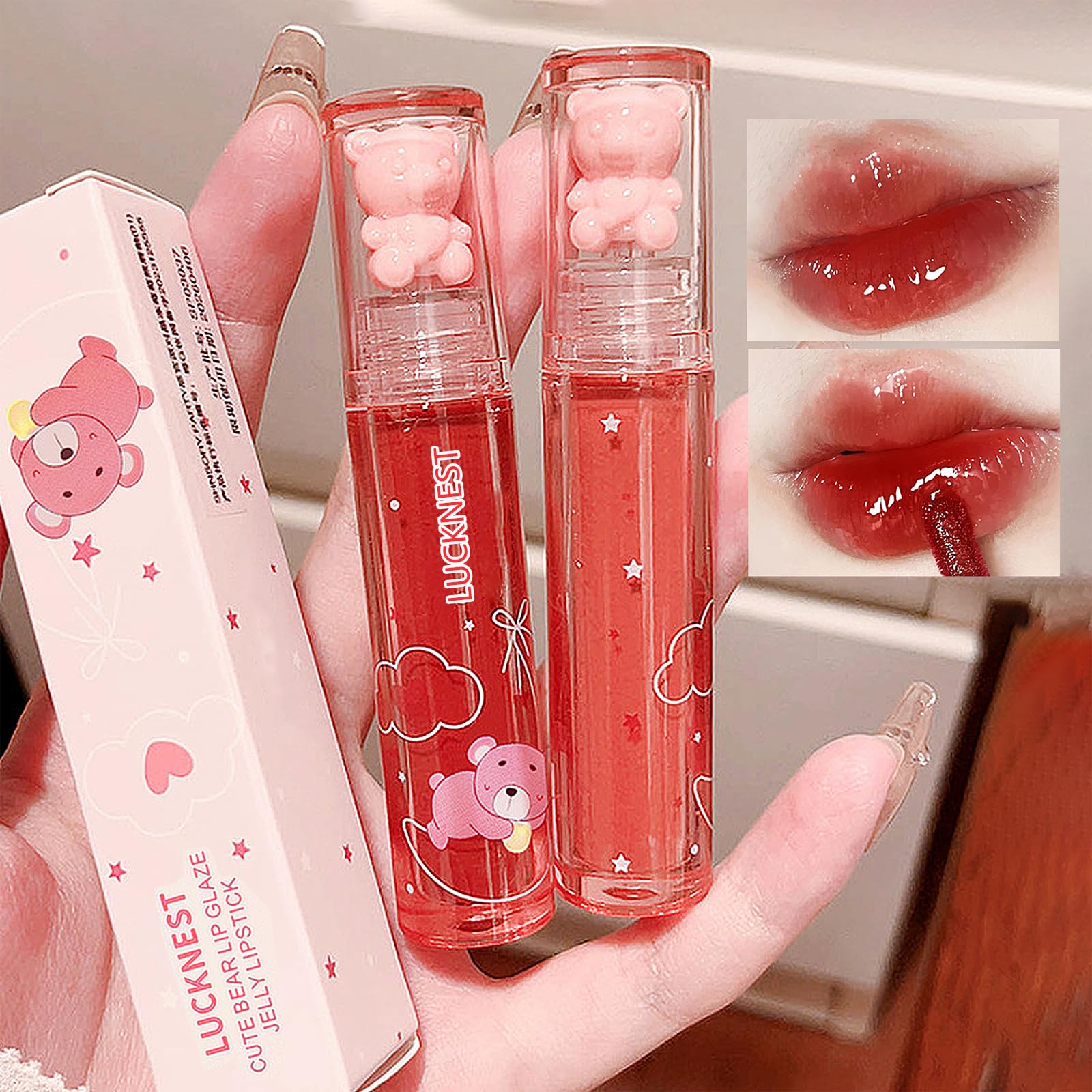 LuckNest Bear Lip Glaze tube closeup shows rich color and hydration.