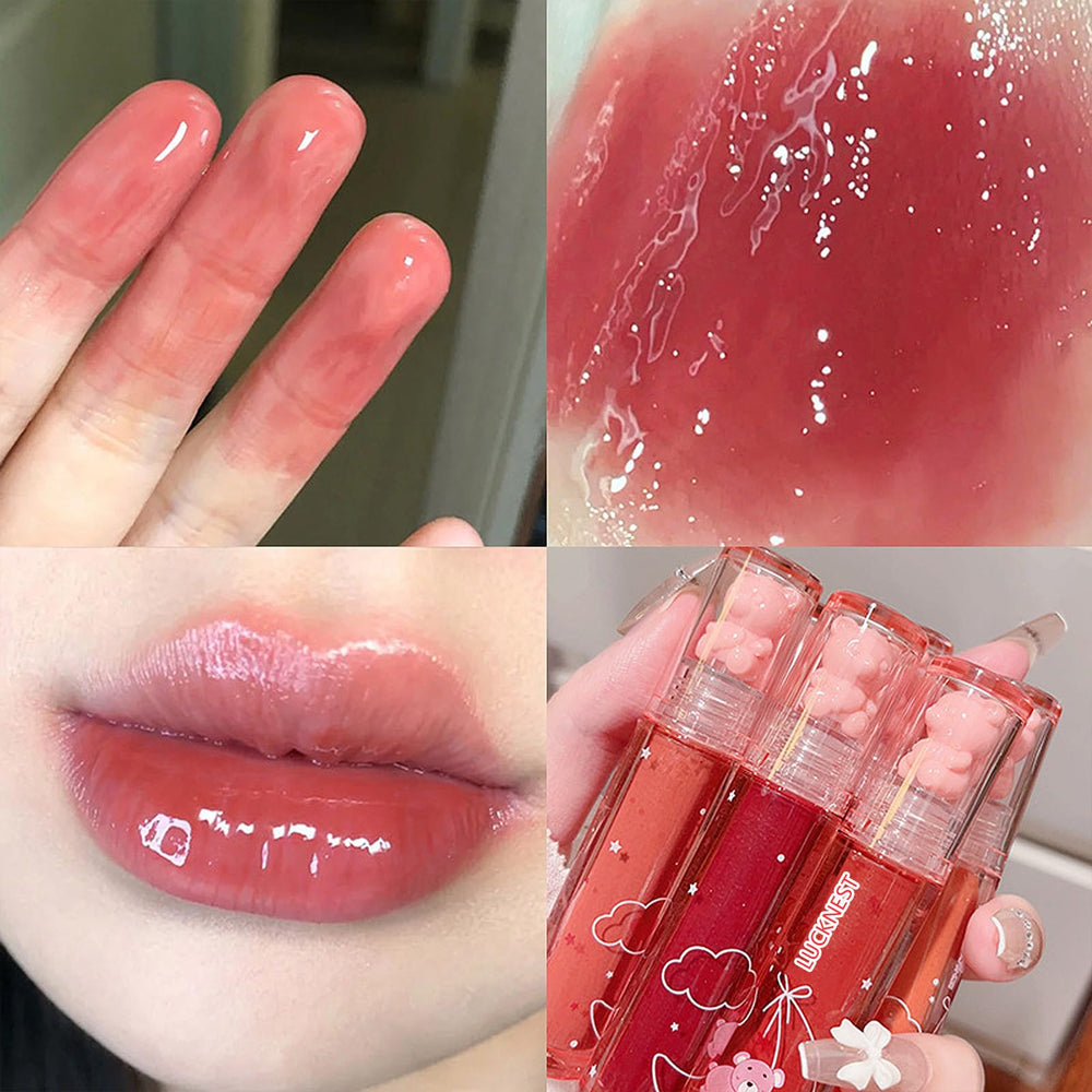 LuckNest Bear Lip Glaze wear test demonstrates long-lasting color.