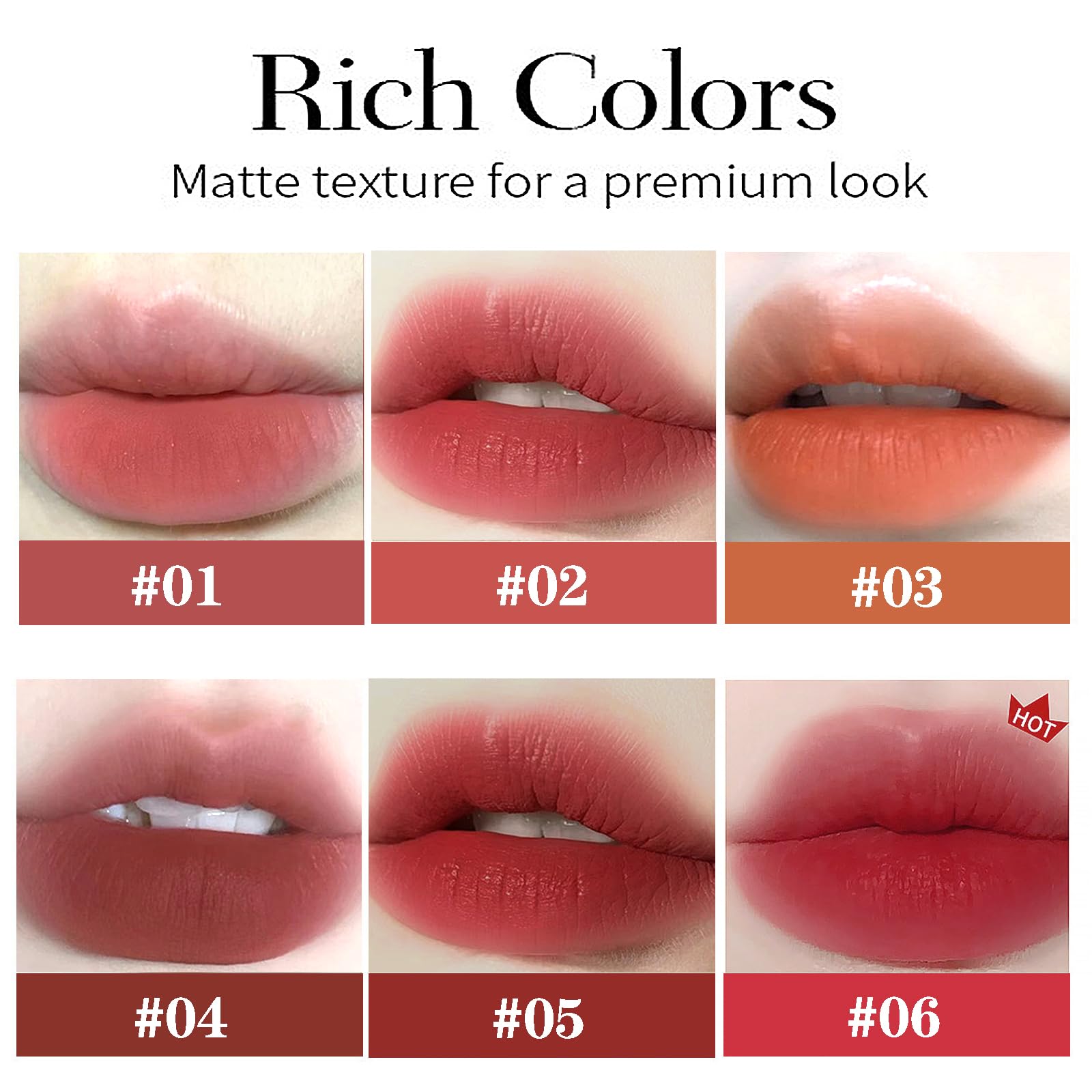 LuckNest velvet matte lipstick swatches reveal six natural shades for versatile daily looks.