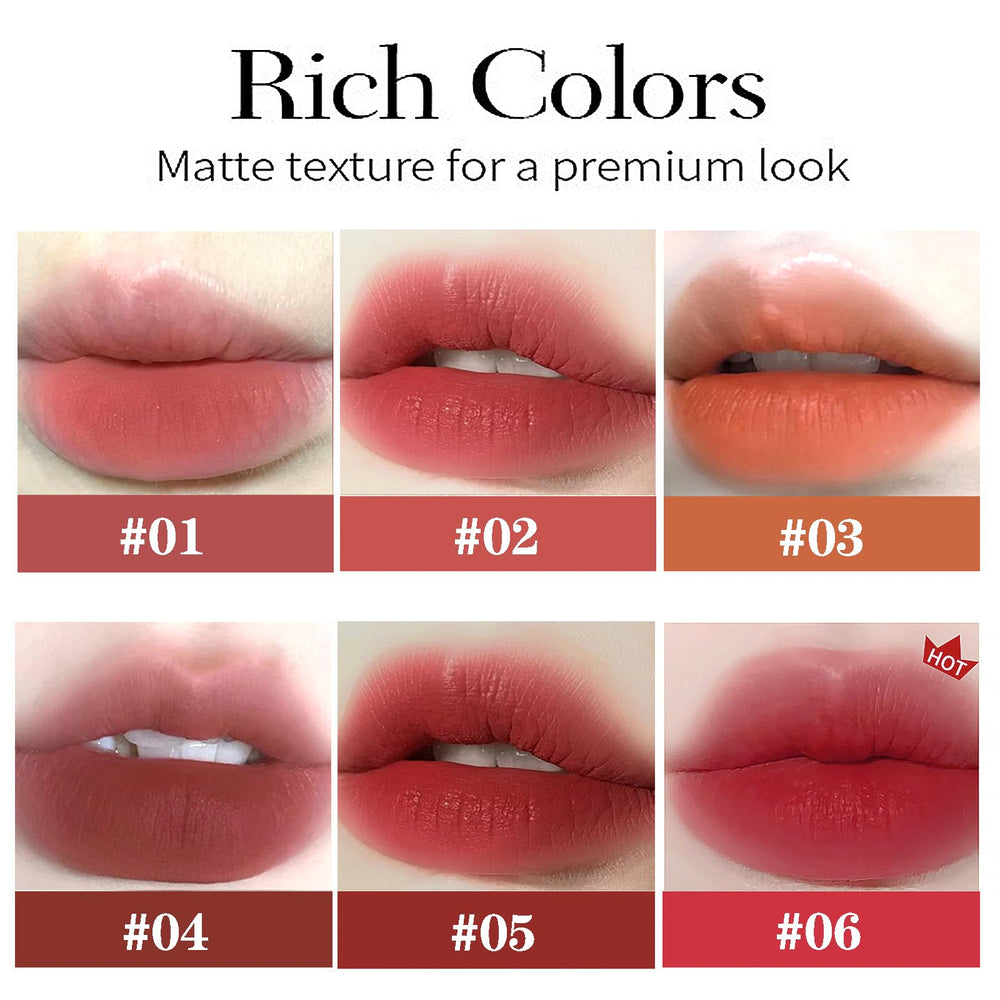 LuckNest velvet matte lipstick swatches reveal six natural shades for versatile daily looks.