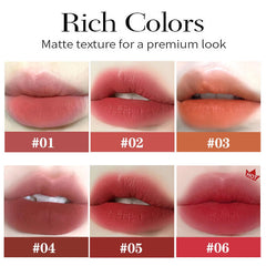 LuckNest velvet matte lipstick swatches reveal six natural shades for versatile daily looks.