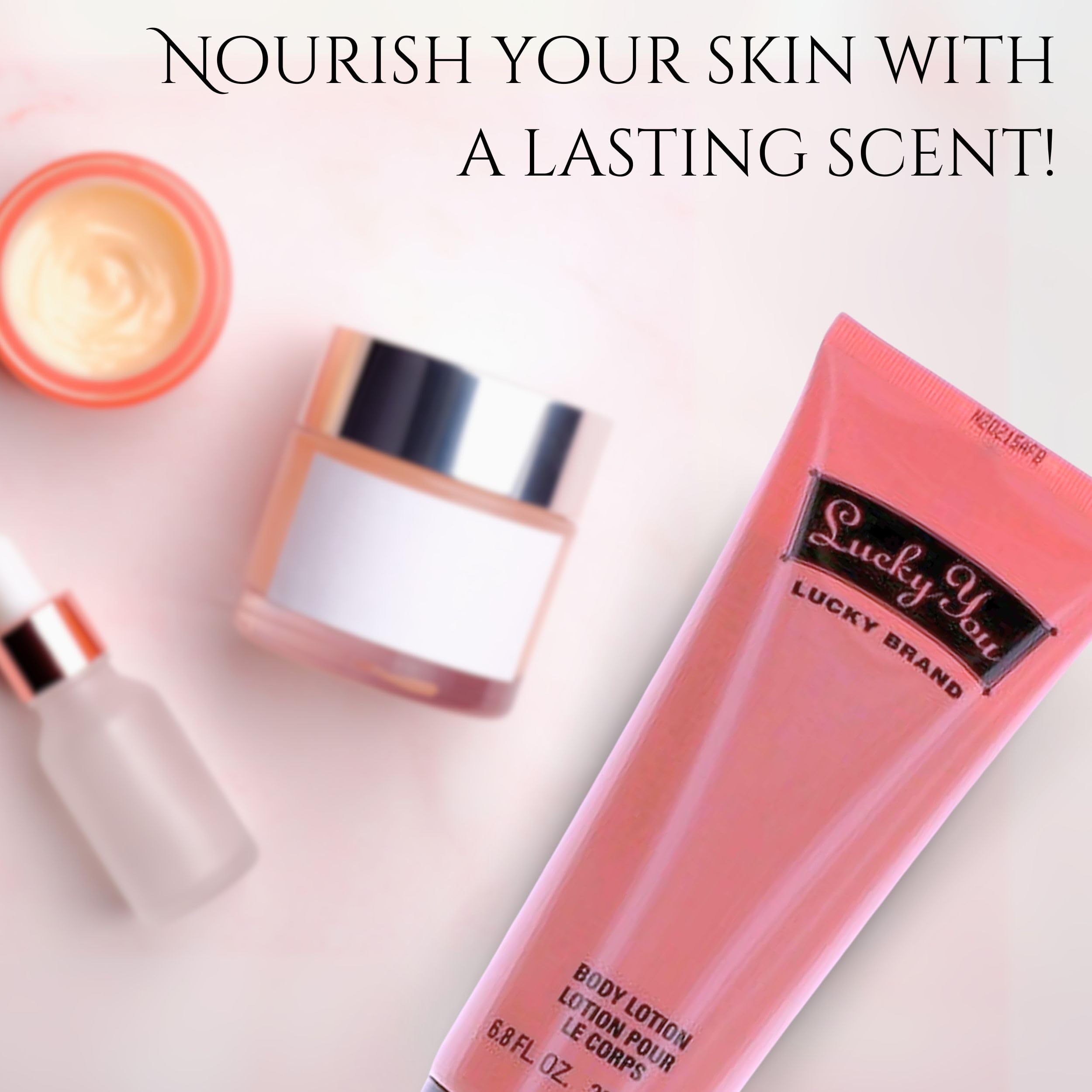 Lucky Brand Lucky You Body Lotion bottle on dresser for everyday fragrance and hydration.