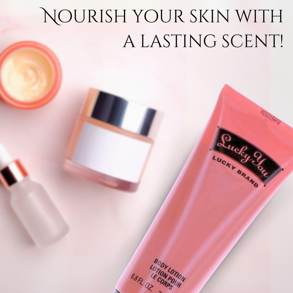 Lucky Brand Lucky You Body Lotion bottle on dresser for everyday fragrance and hydration.