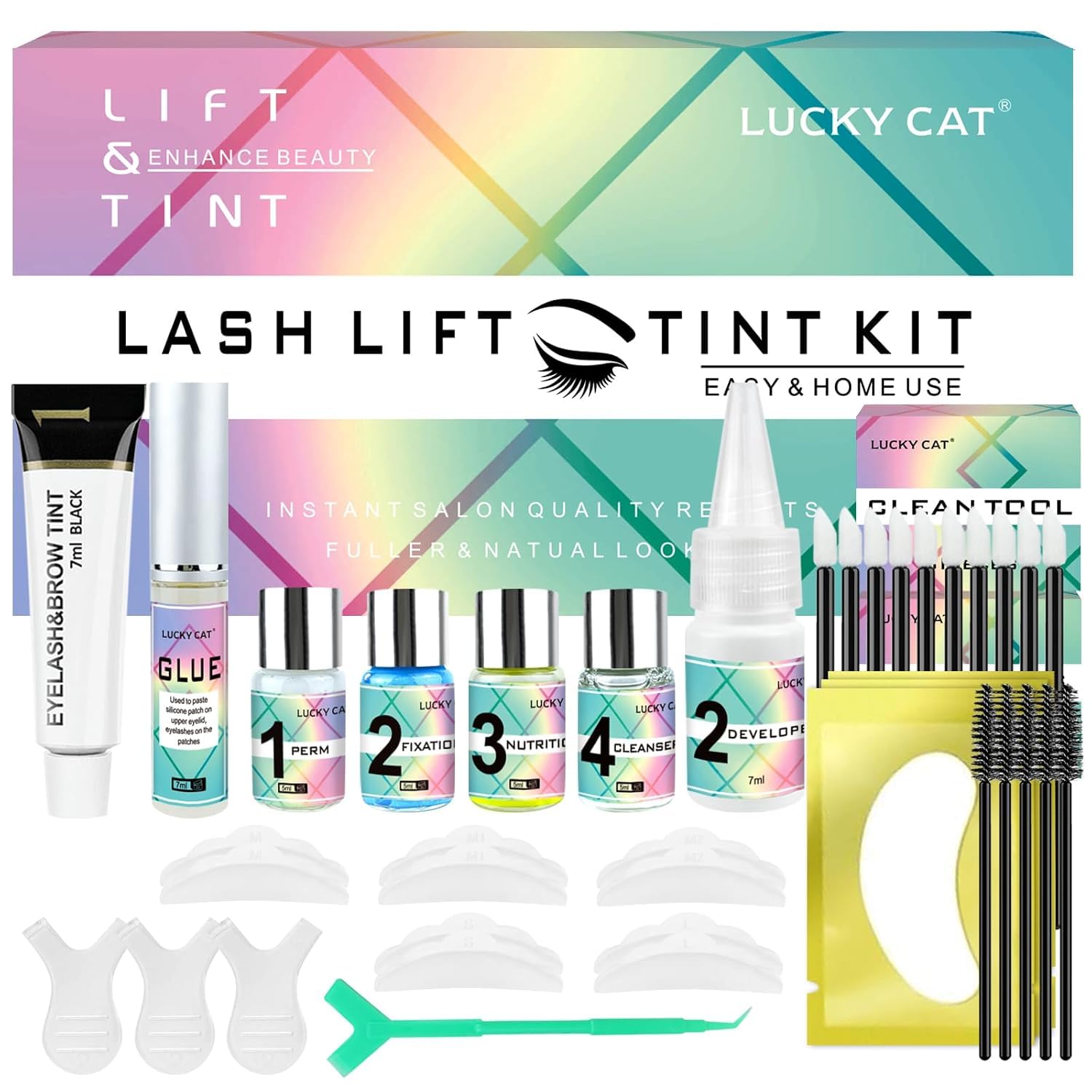 Lucky Cat lash lift brow lamination kit front packaging shows all-in-one beauty solution.