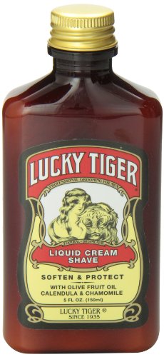 Lucky Tiger Liquid Cream Shave featuring calendula and chamomile soothes sensitive skin.